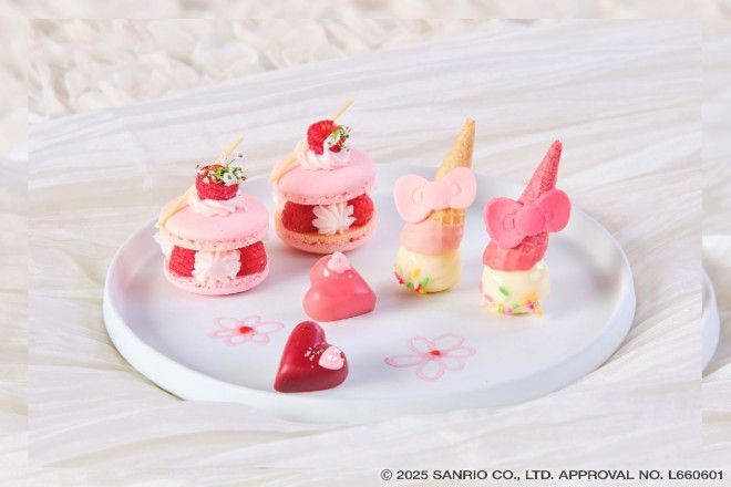 The Hello Kitty Princess Afternoon Tea features character-inspired sweets, including a Kitty-shaped shortcake and tiara-topped mousse, offering a royal and photogenic dessert experience.